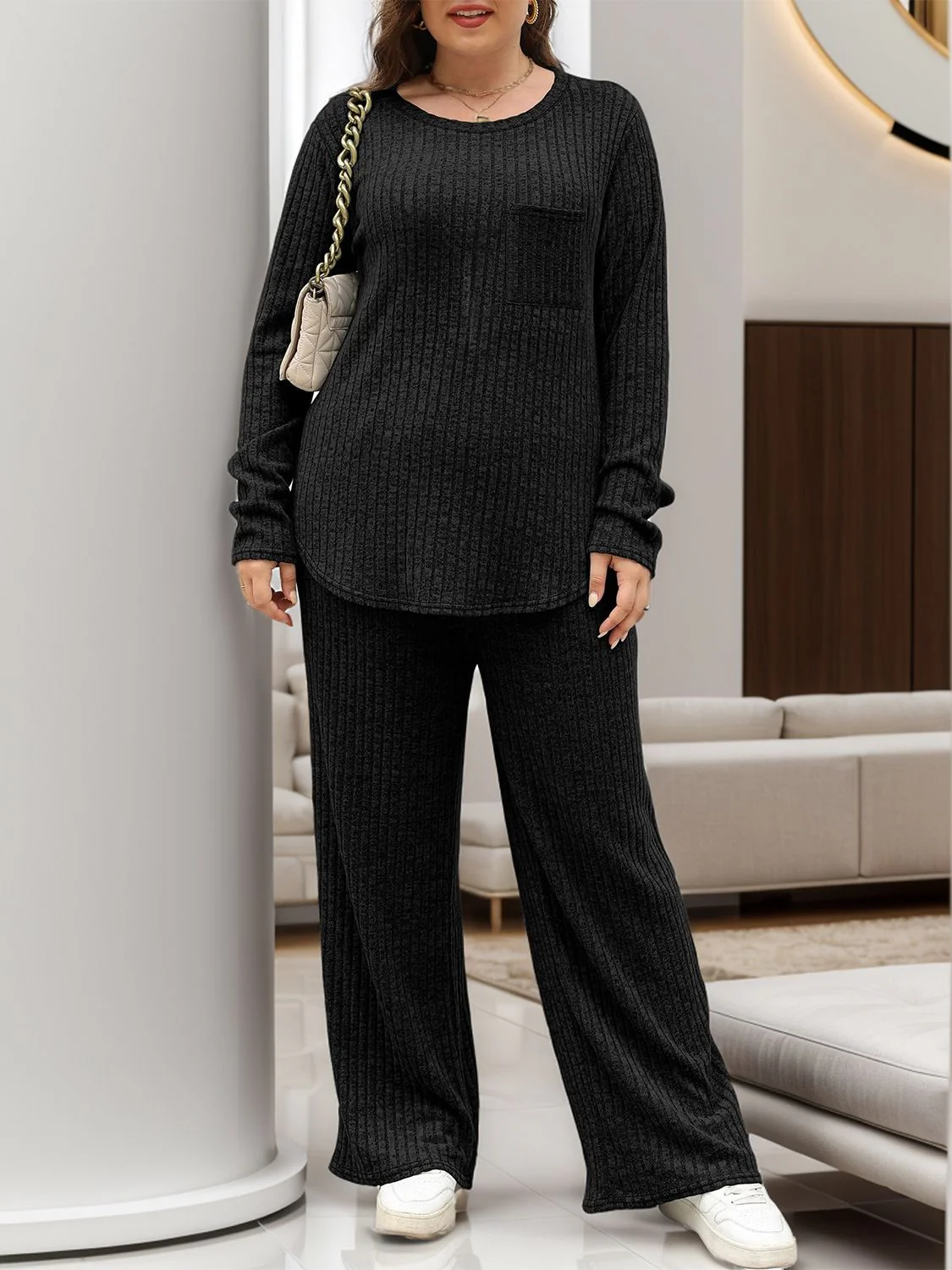Round Neck Long Sleeve Top and Pants Set - Image 29