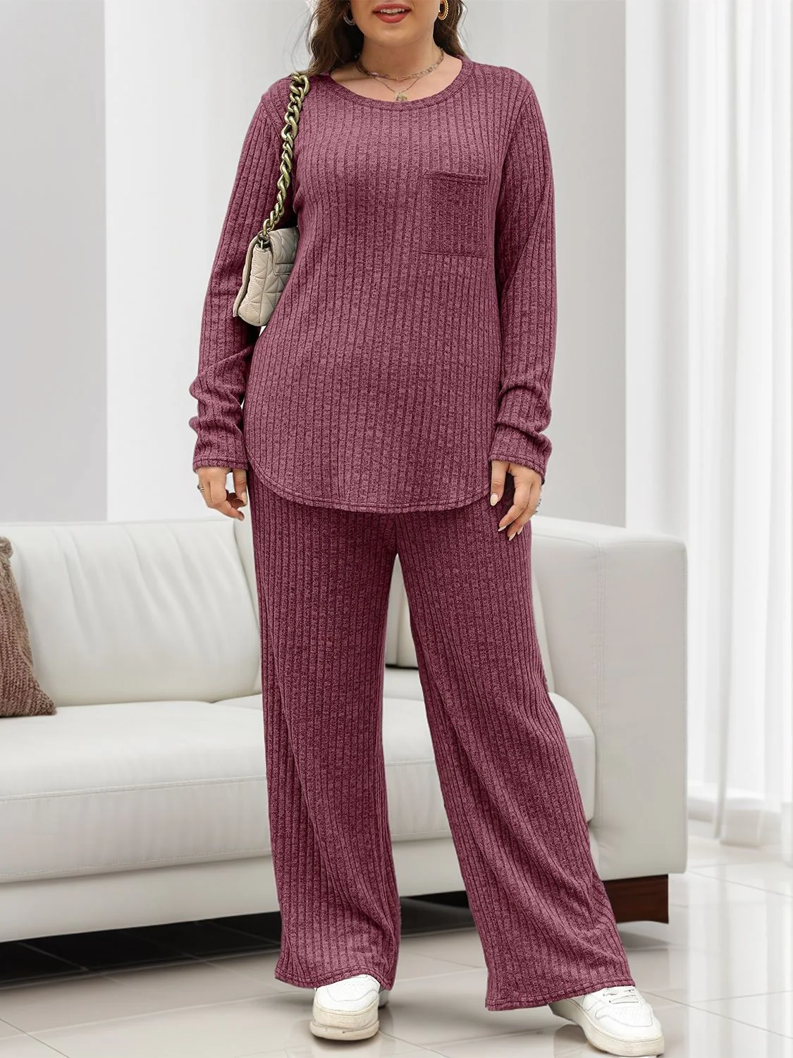 Round Neck Long Sleeve Top and Pants Set - Image 34