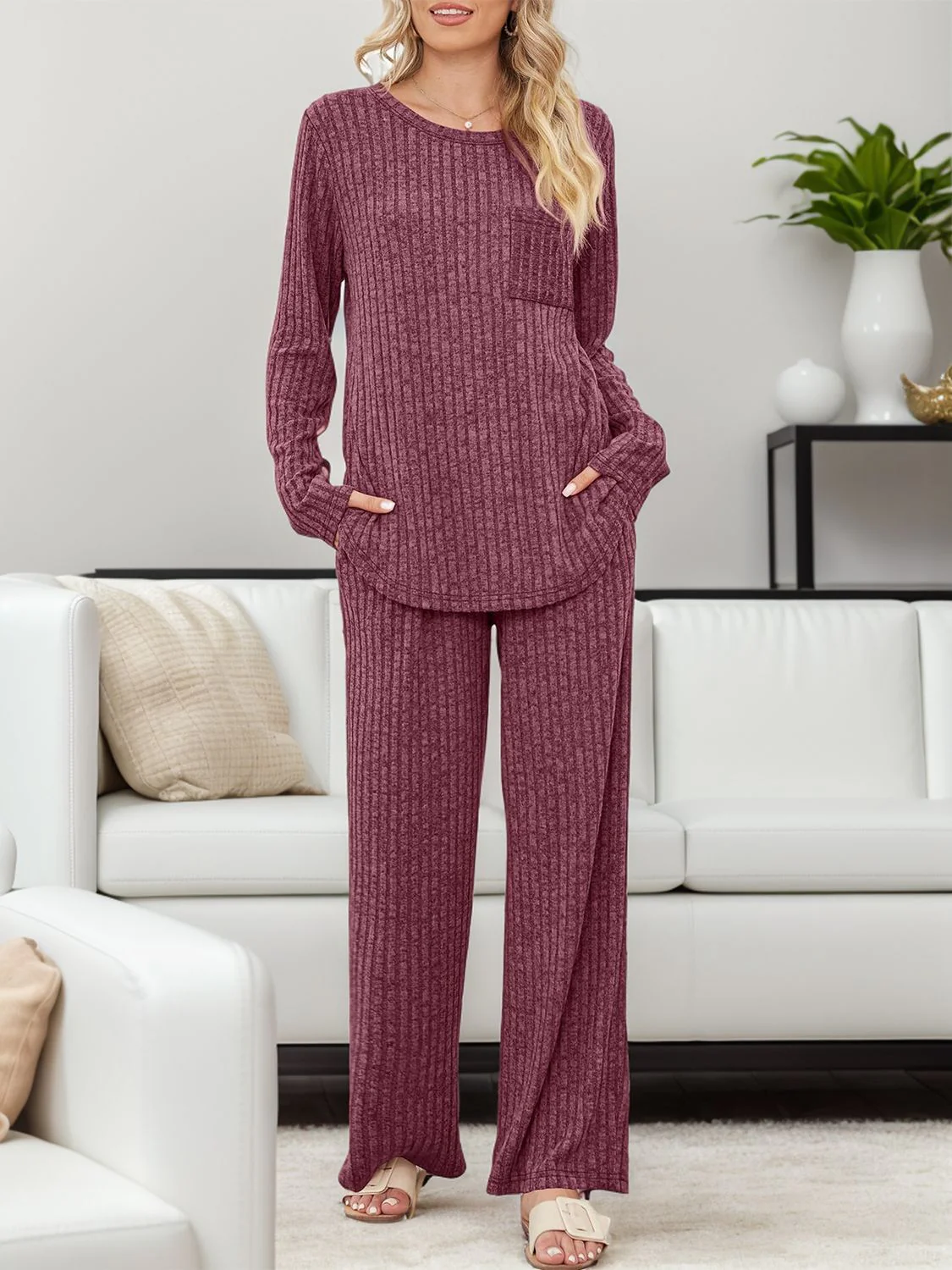 Round Neck Long Sleeve Top and Pants Set - Image 35