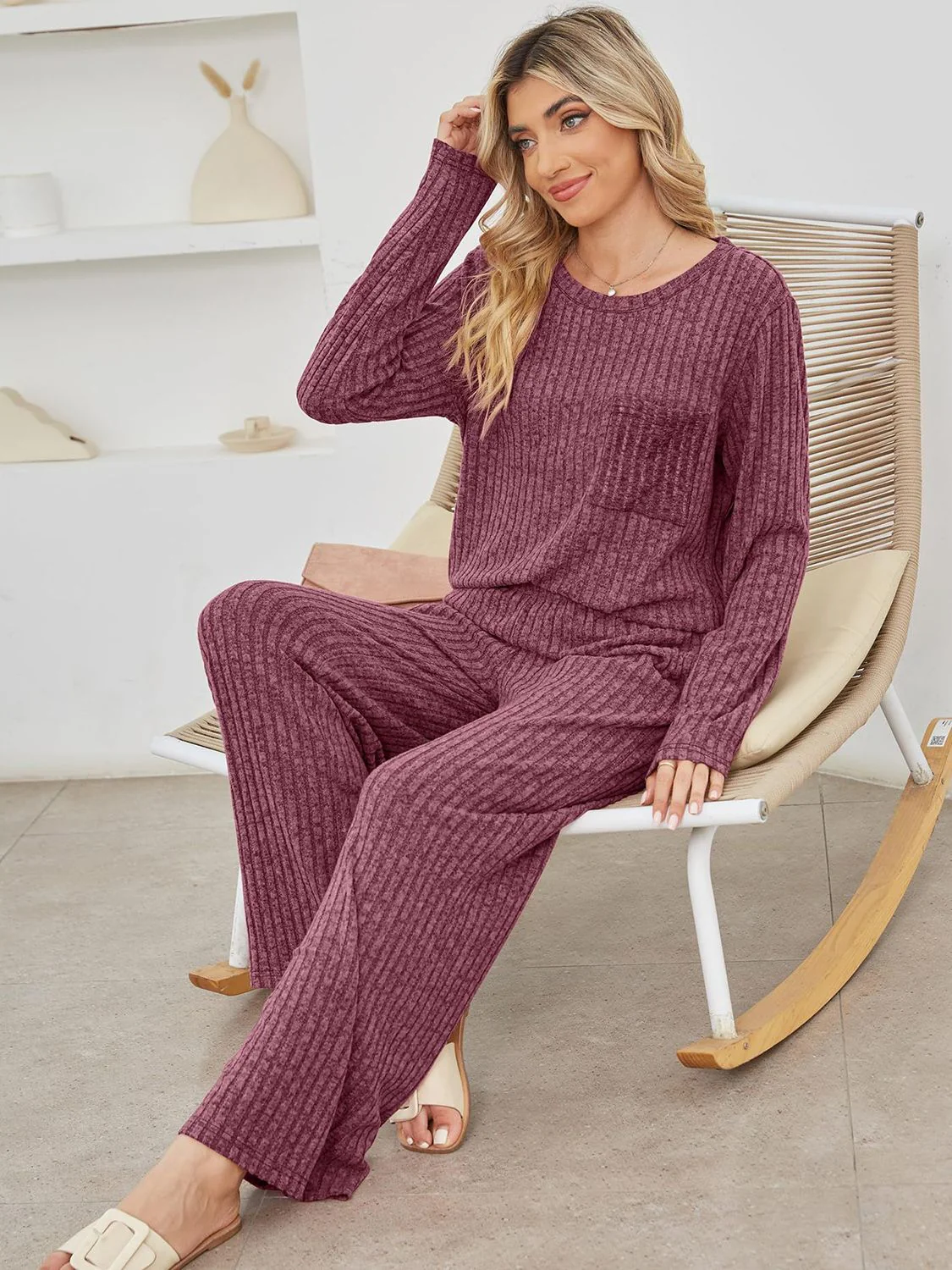 Round Neck Long Sleeve Top and Pants Set - Image 36