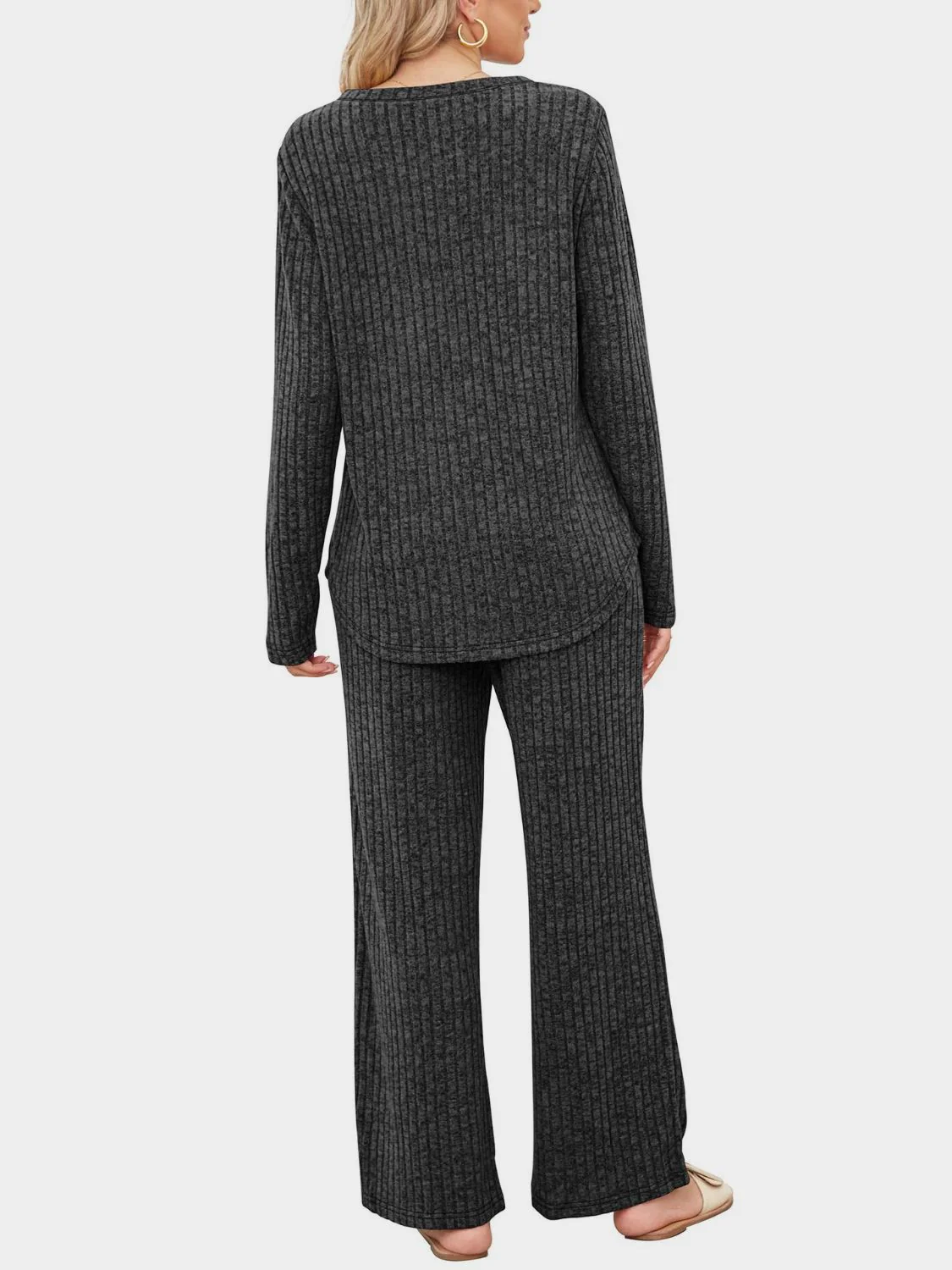 Round Neck Long Sleeve Top and Pants Set - Image 4