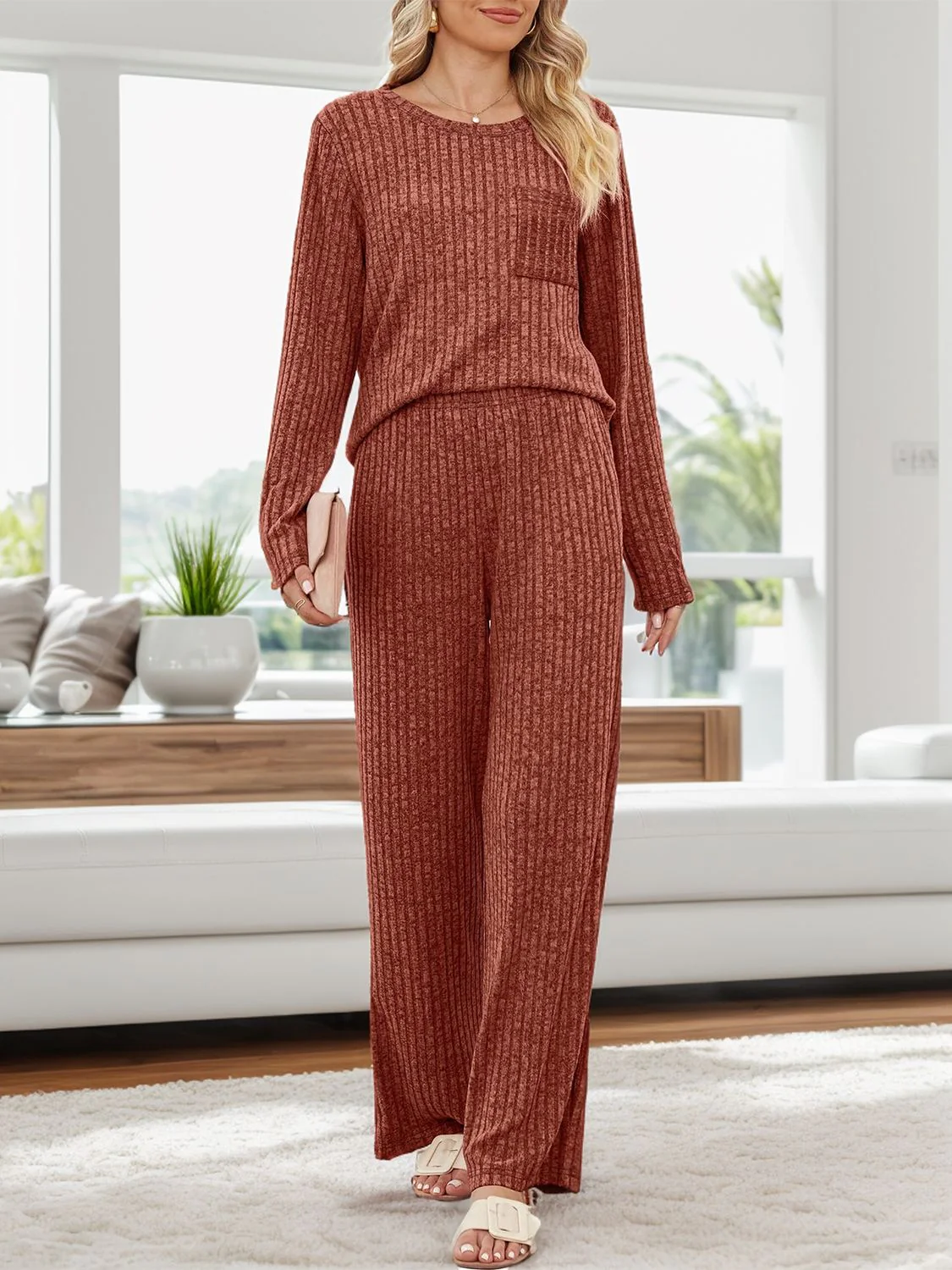 Round Neck Long Sleeve Top and Pants Set - Image 5