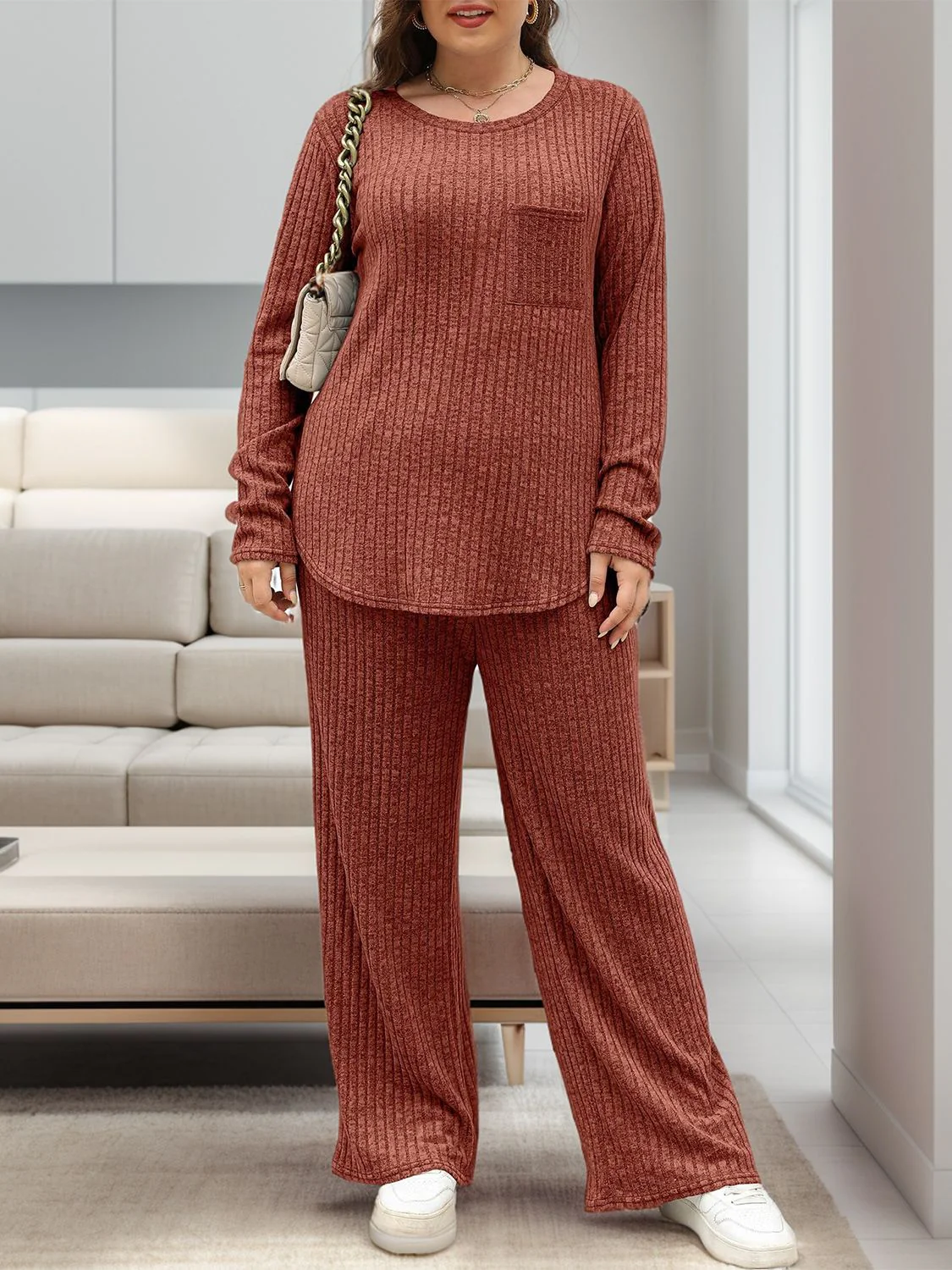 Round Neck Long Sleeve Top and Pants Set - Image 6