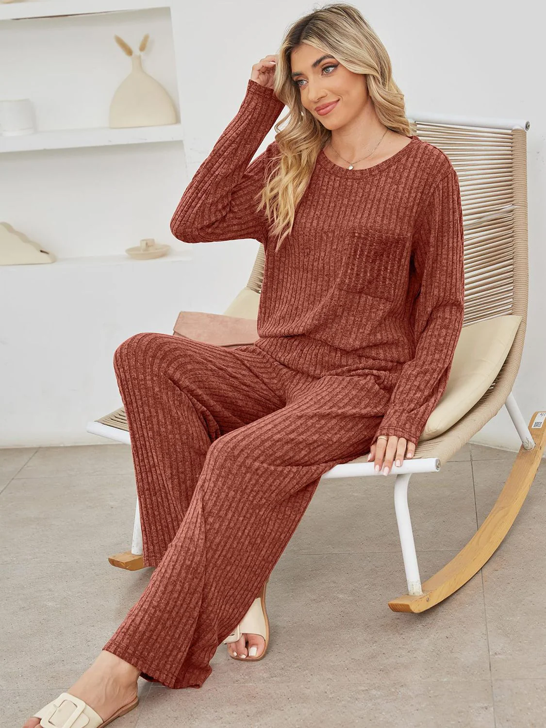 Round Neck Long Sleeve Top and Pants Set - Image 7