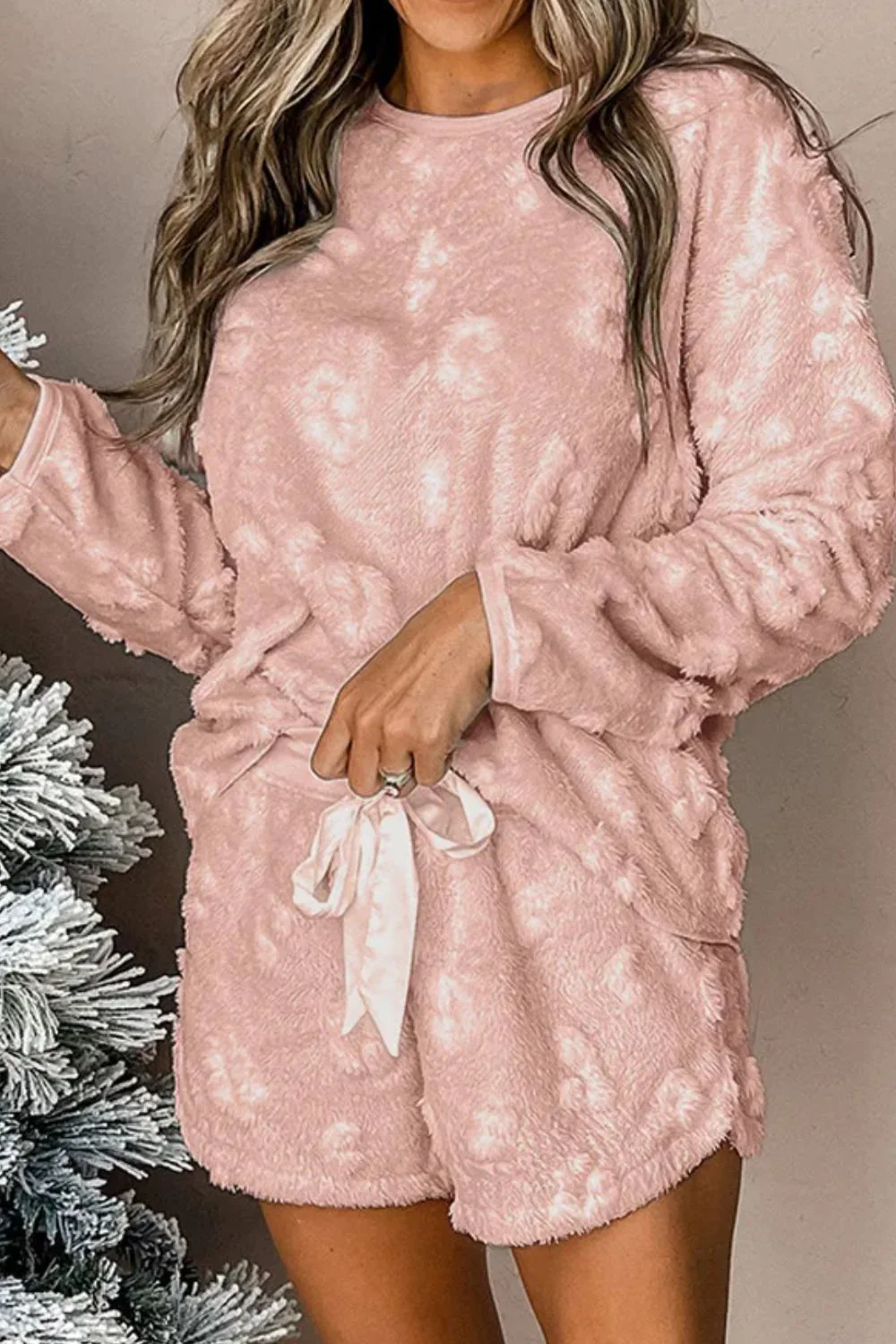 Round Neck Long Sleeve Top and Shorts Lounge Set - Image 4