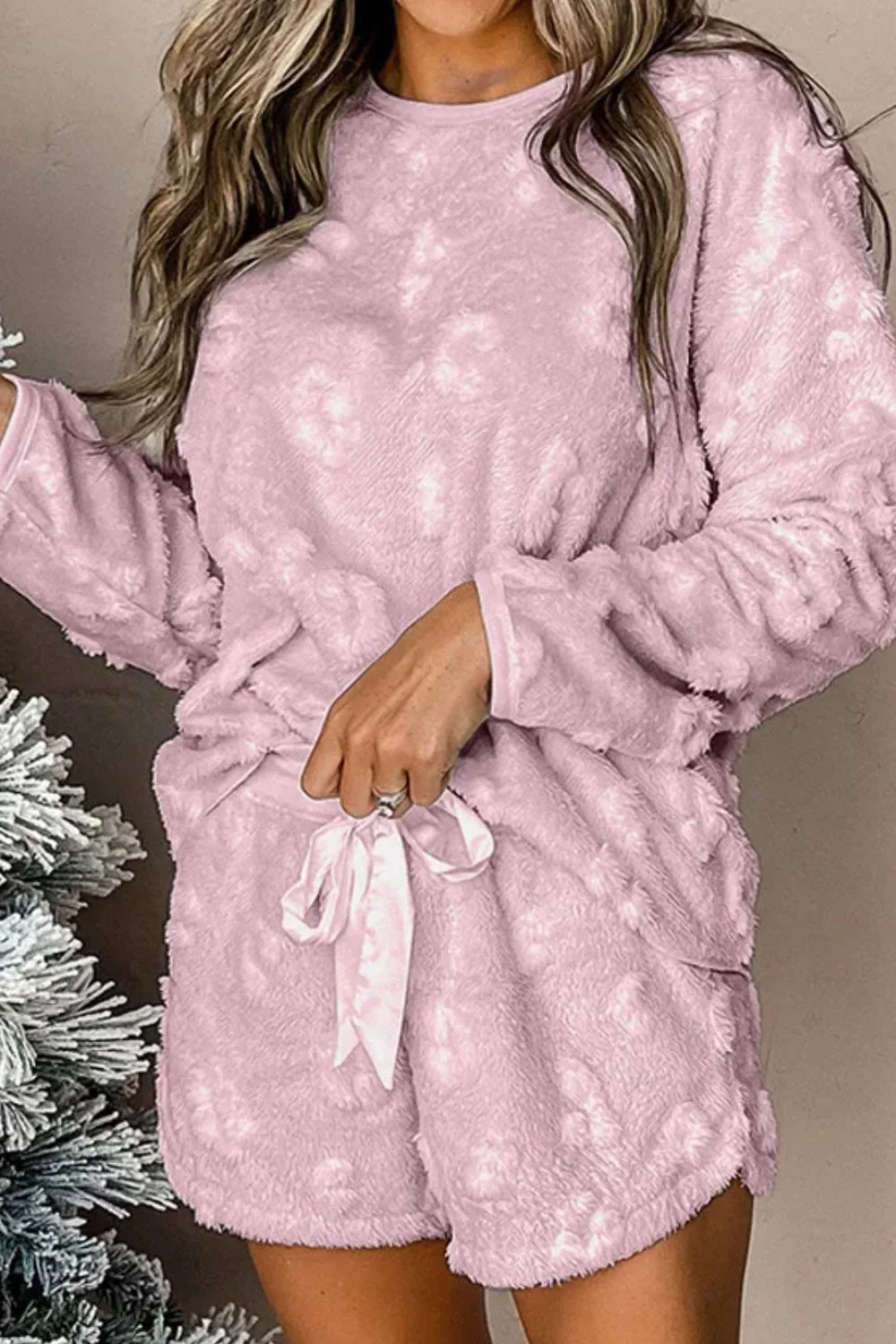 Round Neck Long Sleeve Top and Shorts Lounge Set - Image 7