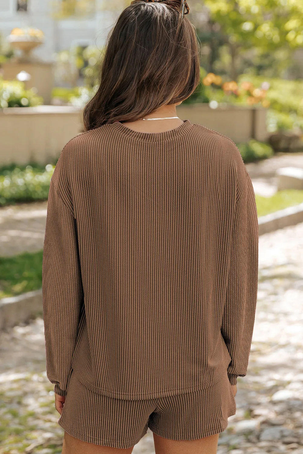 Round Neck Long Sleeve Top and Shorts Set - Image 14