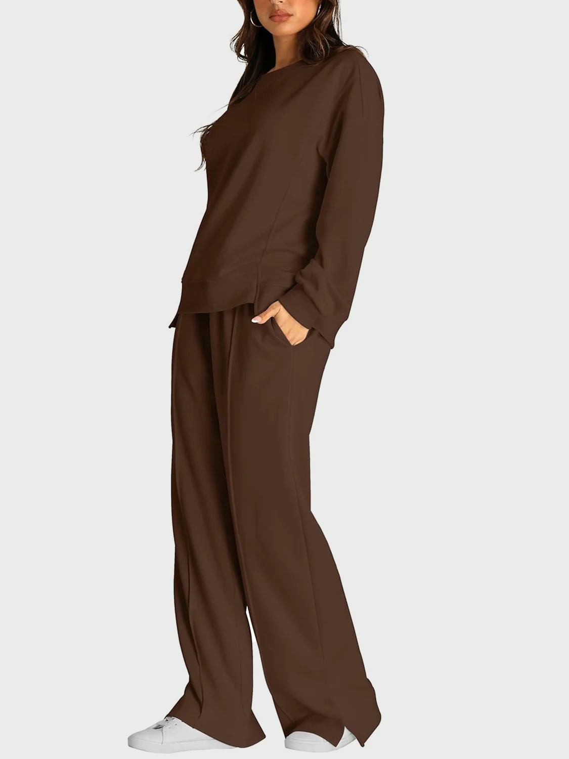 Round Neck Long Sleeve Top and Slit Pants Set - Image 11