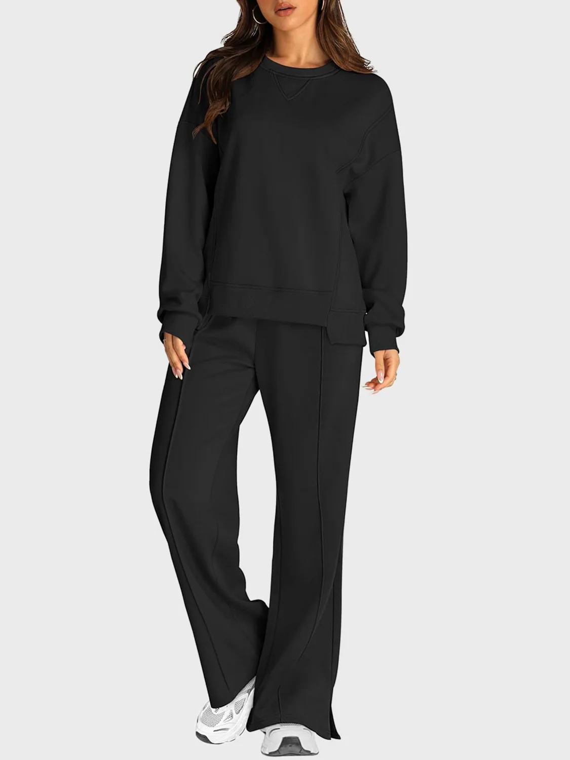 Round Neck Long Sleeve Top and Slit Pants Set - Image 5