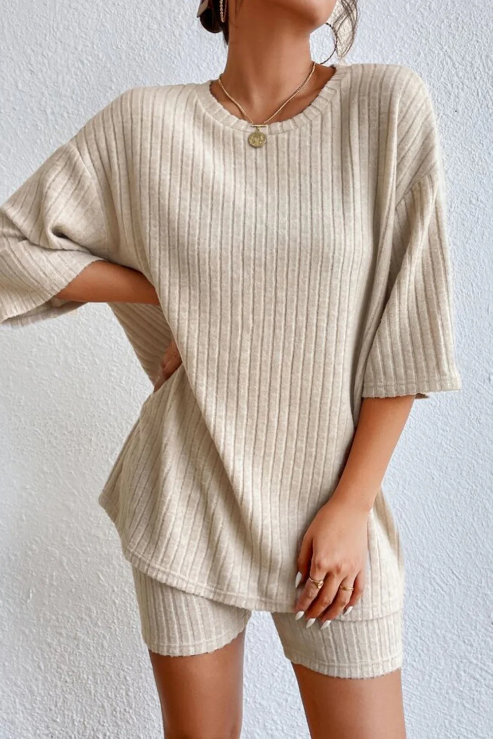 Round Neck Ribbed Top and Shorts Lounge Set - Image 8