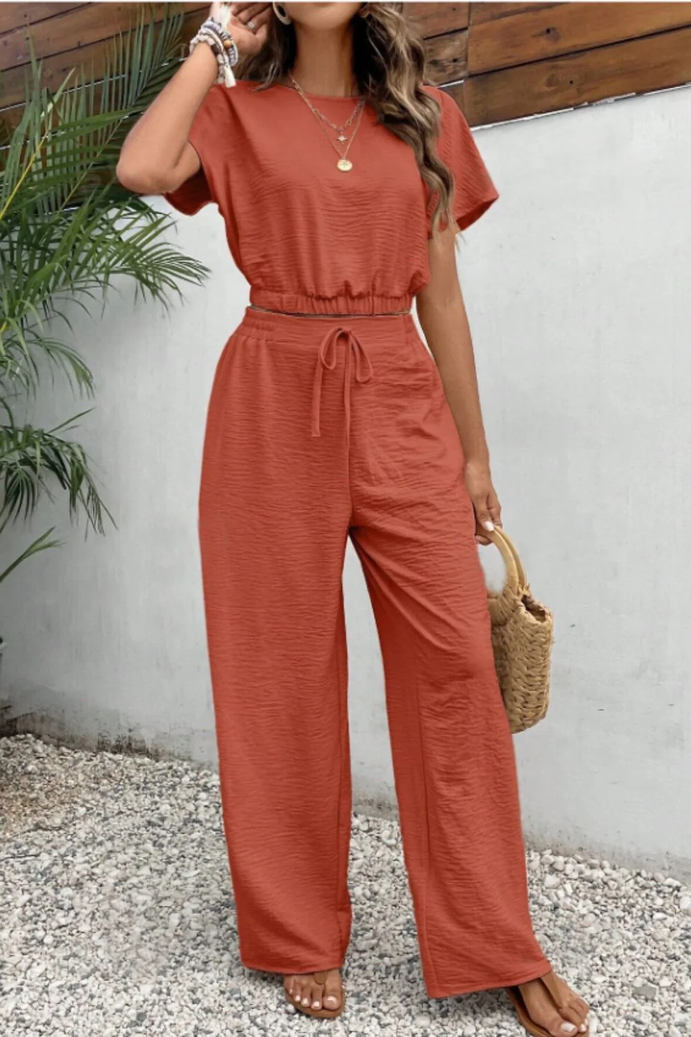 Round Neck Short Sleeve Top and Pants Set - Image 9