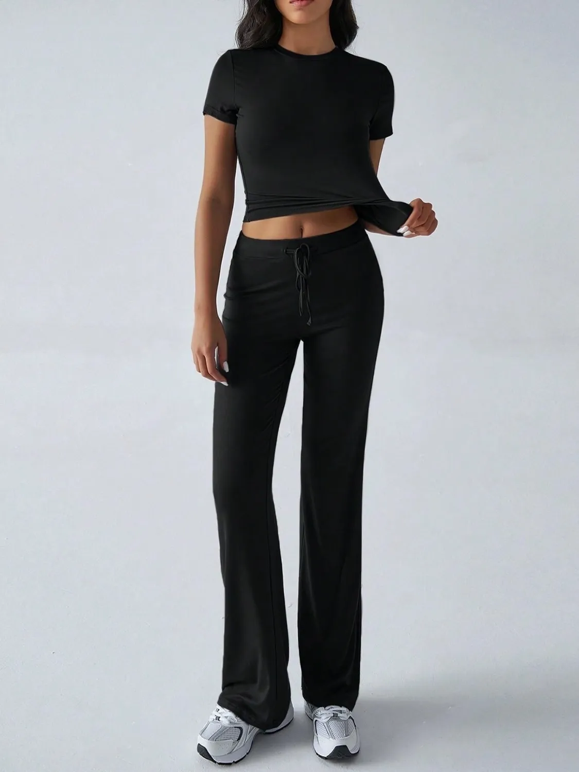 Round Neck Short Sleeve Top and Pants Set - Image 33