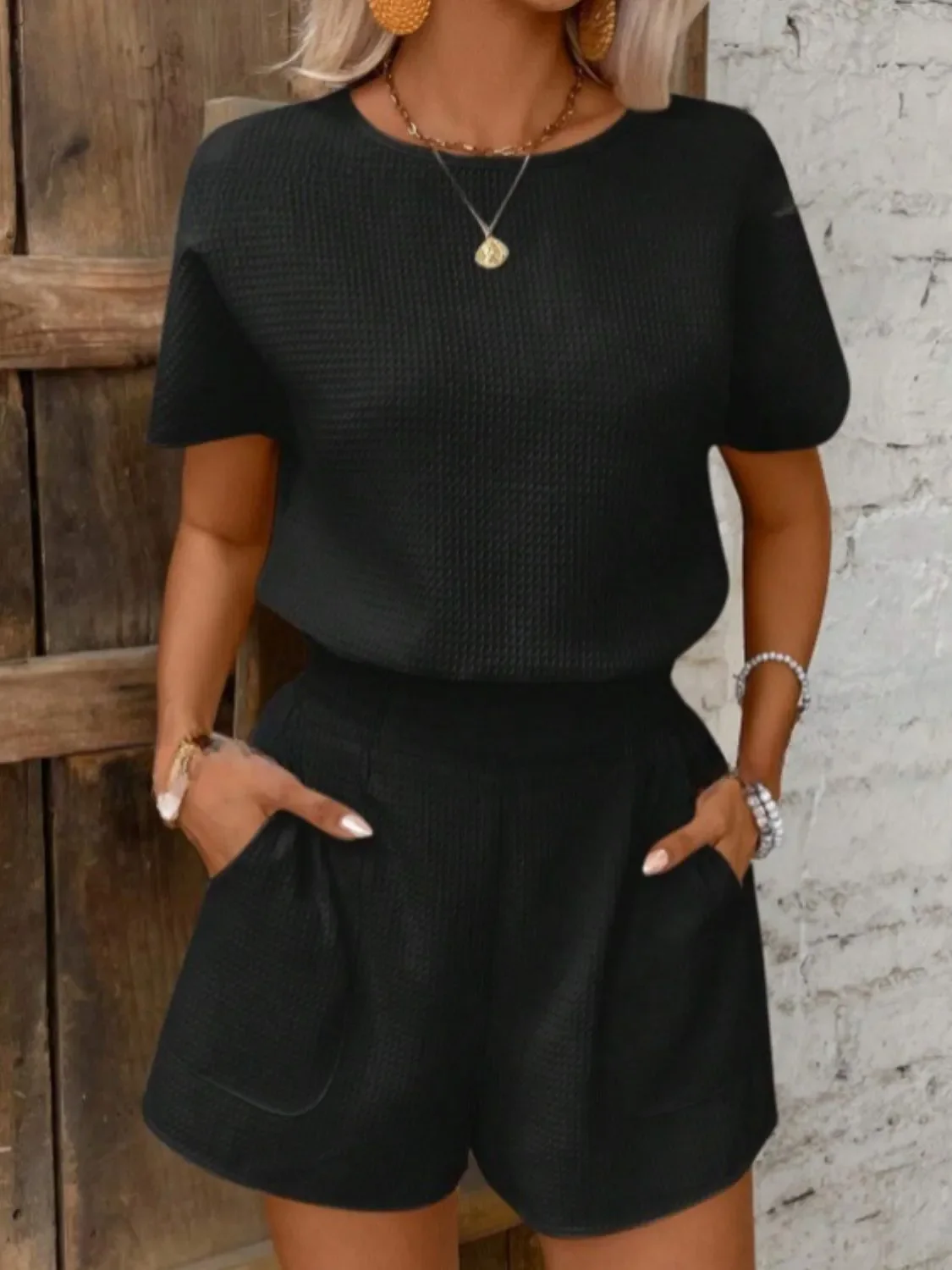 Round Neck Short Sleeve Top and Shorts Set - Image 6