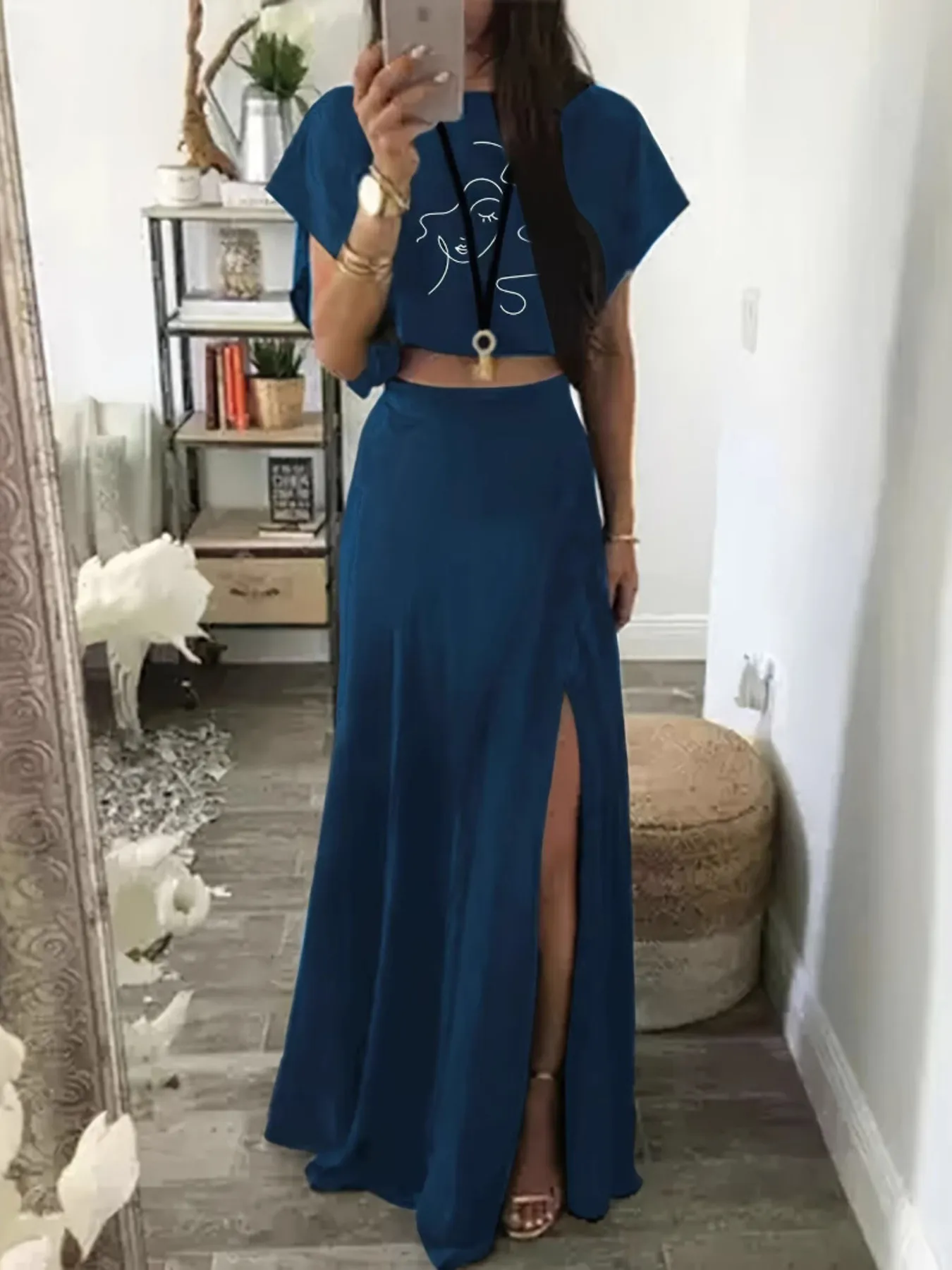 Round Neck Short Sleeve Top and Skirt Set - Image 4