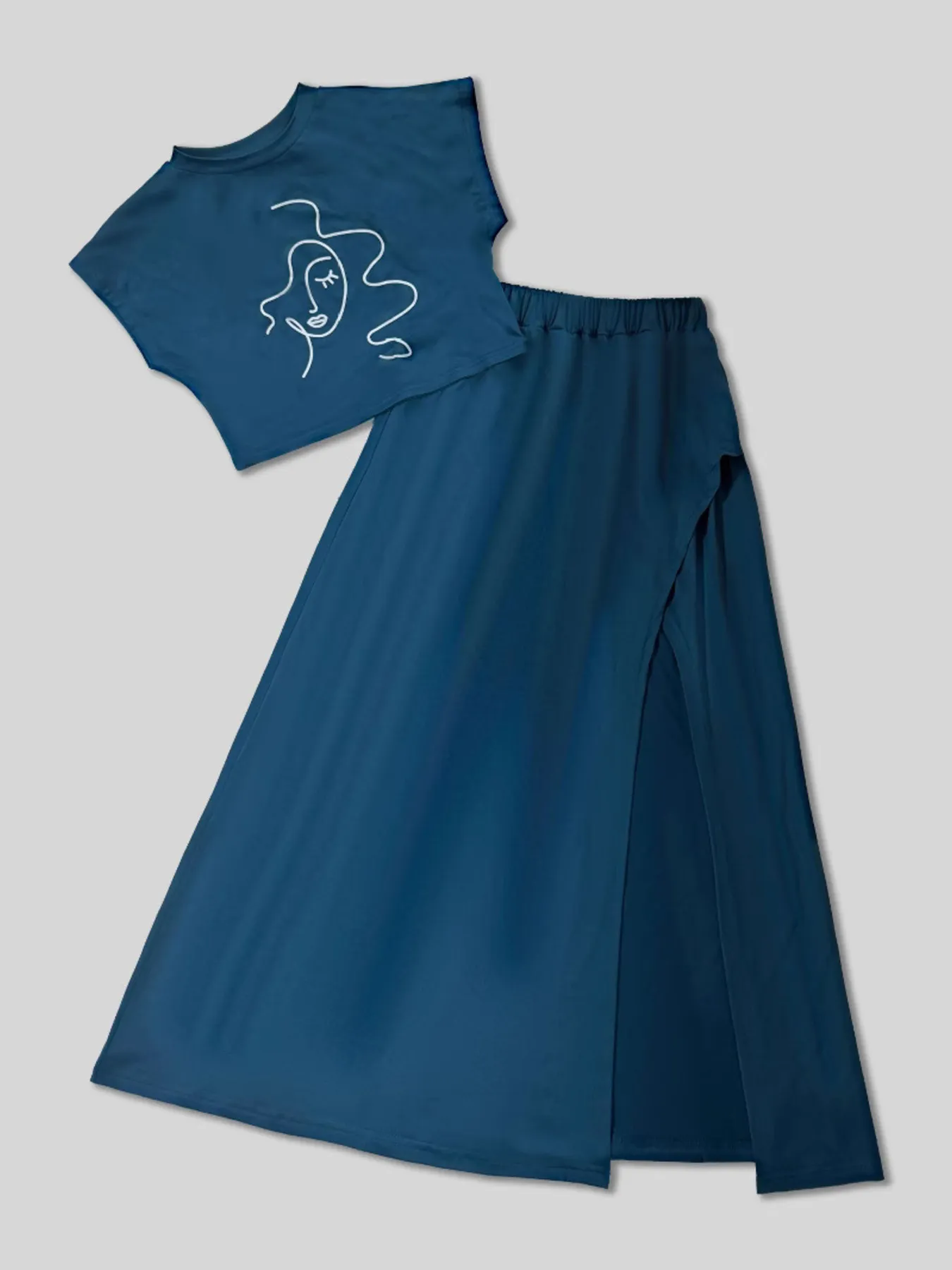 Round Neck Short Sleeve Top and Skirt Set - Image 5