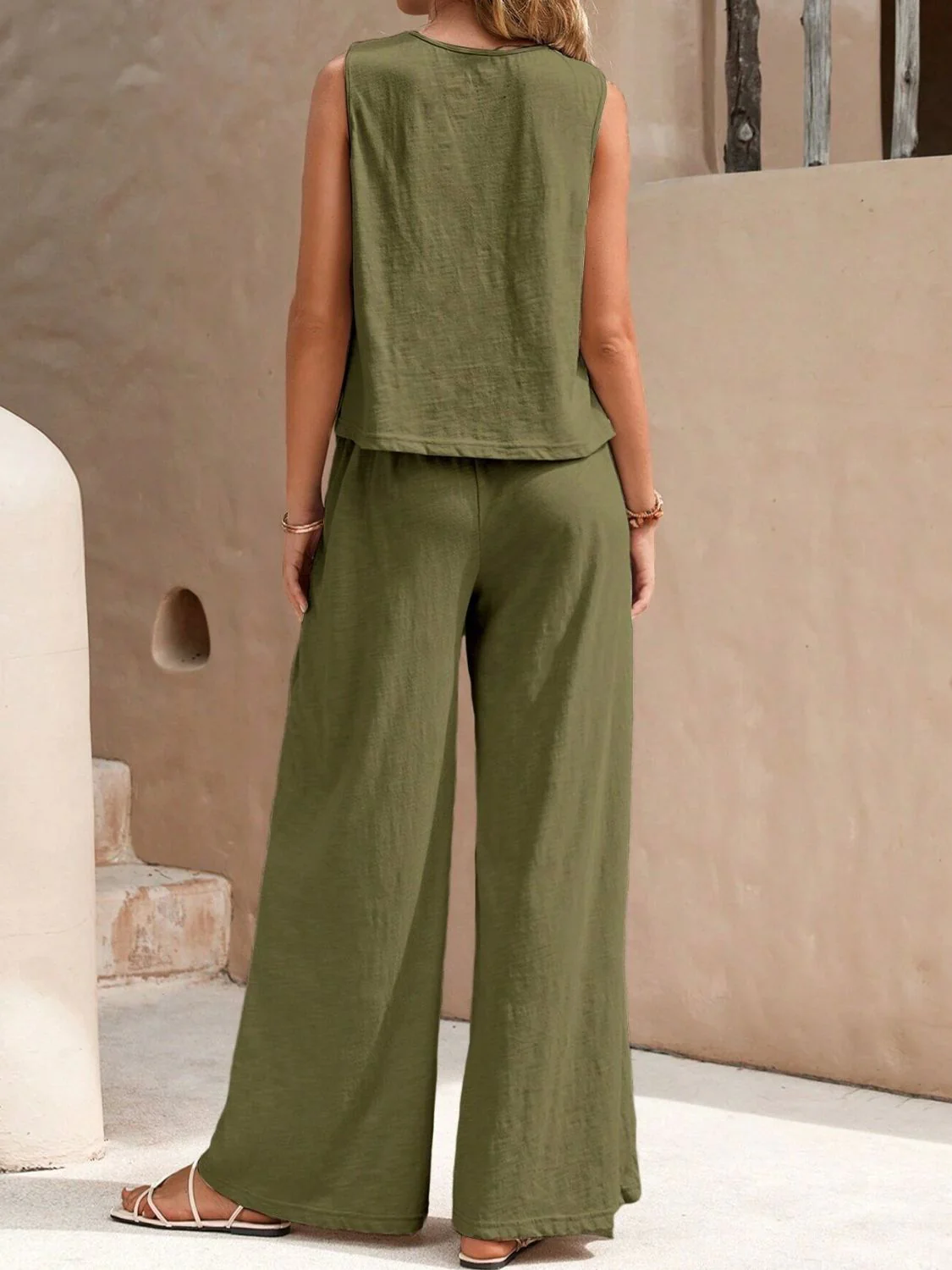 Round Neck Sleeveless Top and Wide Leg Pants Set - Image 11