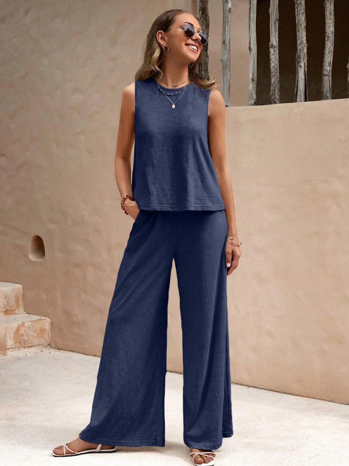 Round Neck Sleeveless Top and Wide Leg Pants Set - Image 15