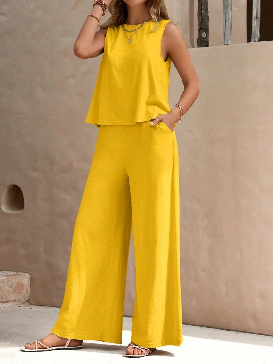 Round Neck Sleeveless Top and Wide Leg Pants Set - Image 7