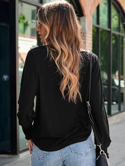 Round Neck Smocked Lantern Sleeve T-Shirt - Image 4