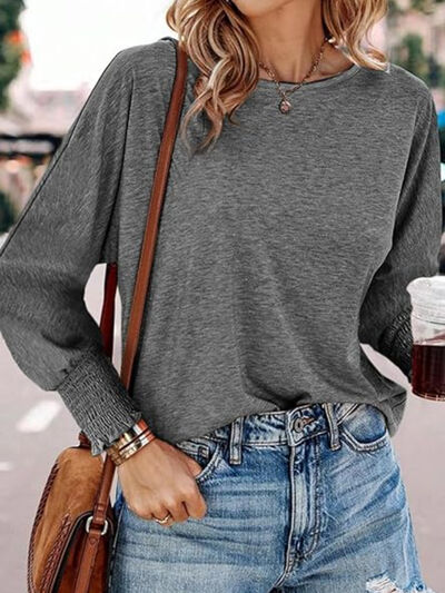 Round Neck Smocked Lantern Sleeve T-Shirt - Image 6