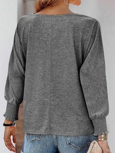 Round Neck Smocked Lantern Sleeve T-Shirt - Image 7