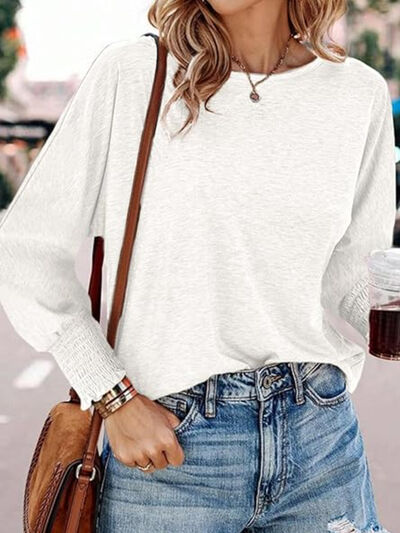 Round Neck Smocked Lantern Sleeve T-Shirt - Image 8