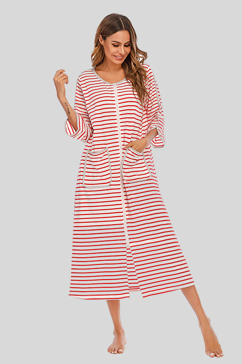 Round Neck Three-Quarter Sleeve Midi Night Dress - Image 10