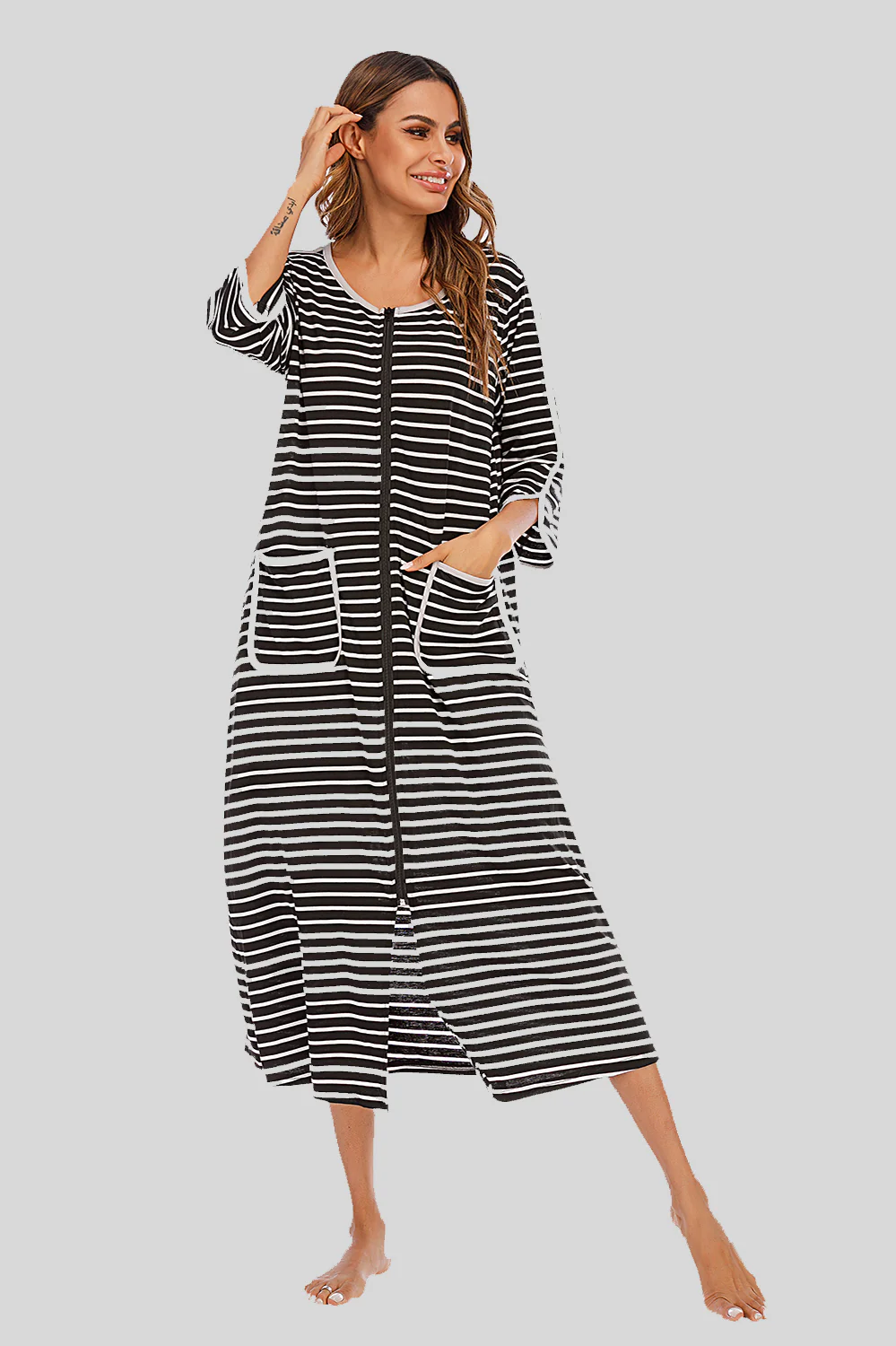 Round Neck Three-Quarter Sleeve Midi Night Dress - Image 16