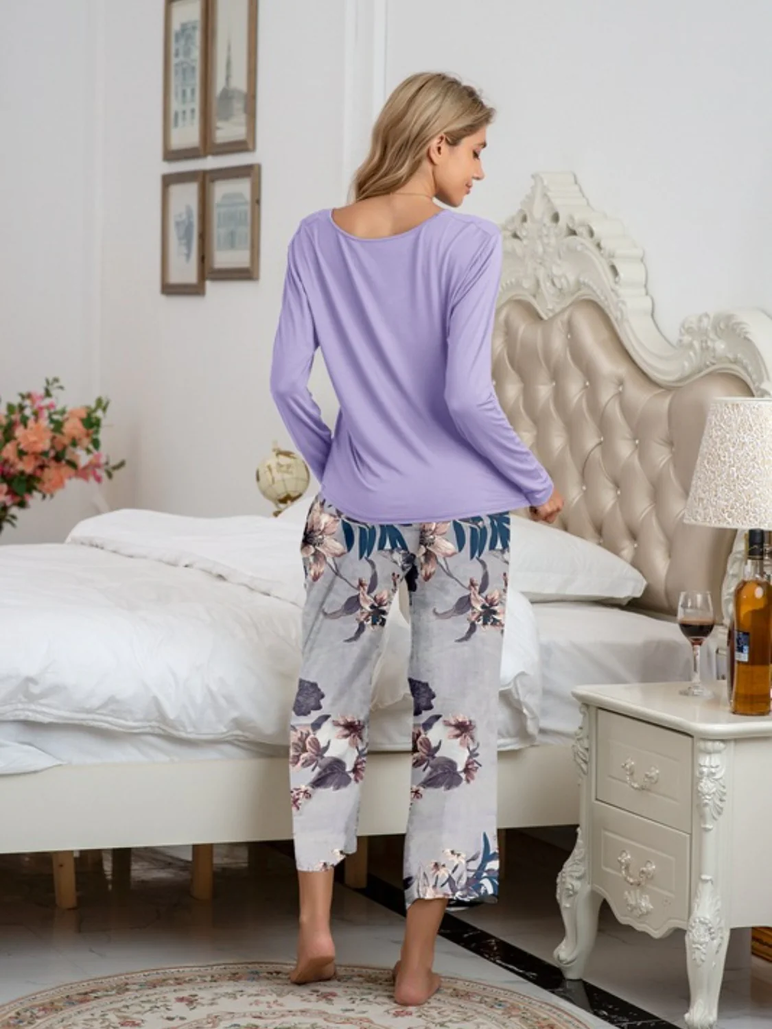 Round Neck Top and Printed Pants Lounge Set - Image 11