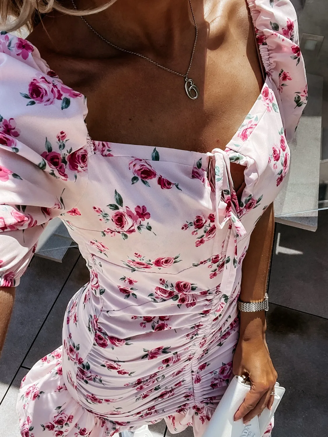 Ruched Floral Sweetheart Neck Mini Dress - Image 3