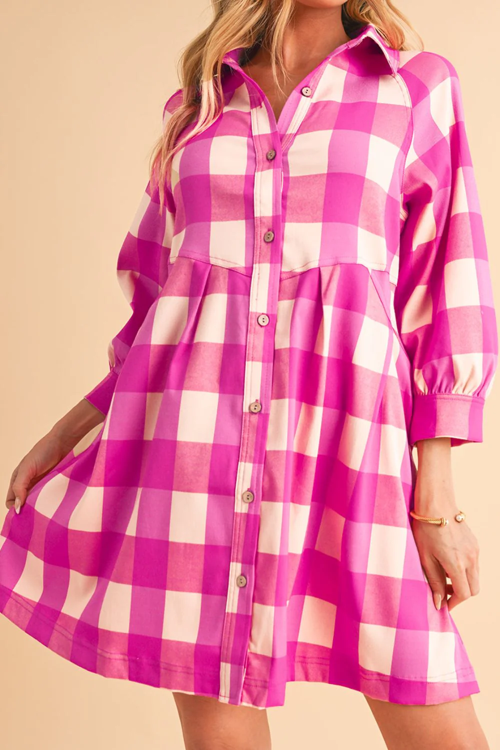 Ruched Plaid Three-Quarter Sleeve Shirt Dress - Image 4