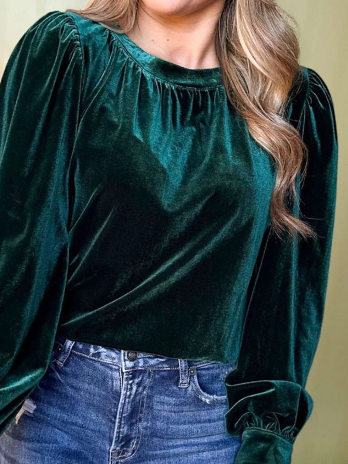Ruched Round Neck Long Sleeve Blouse - Image 3