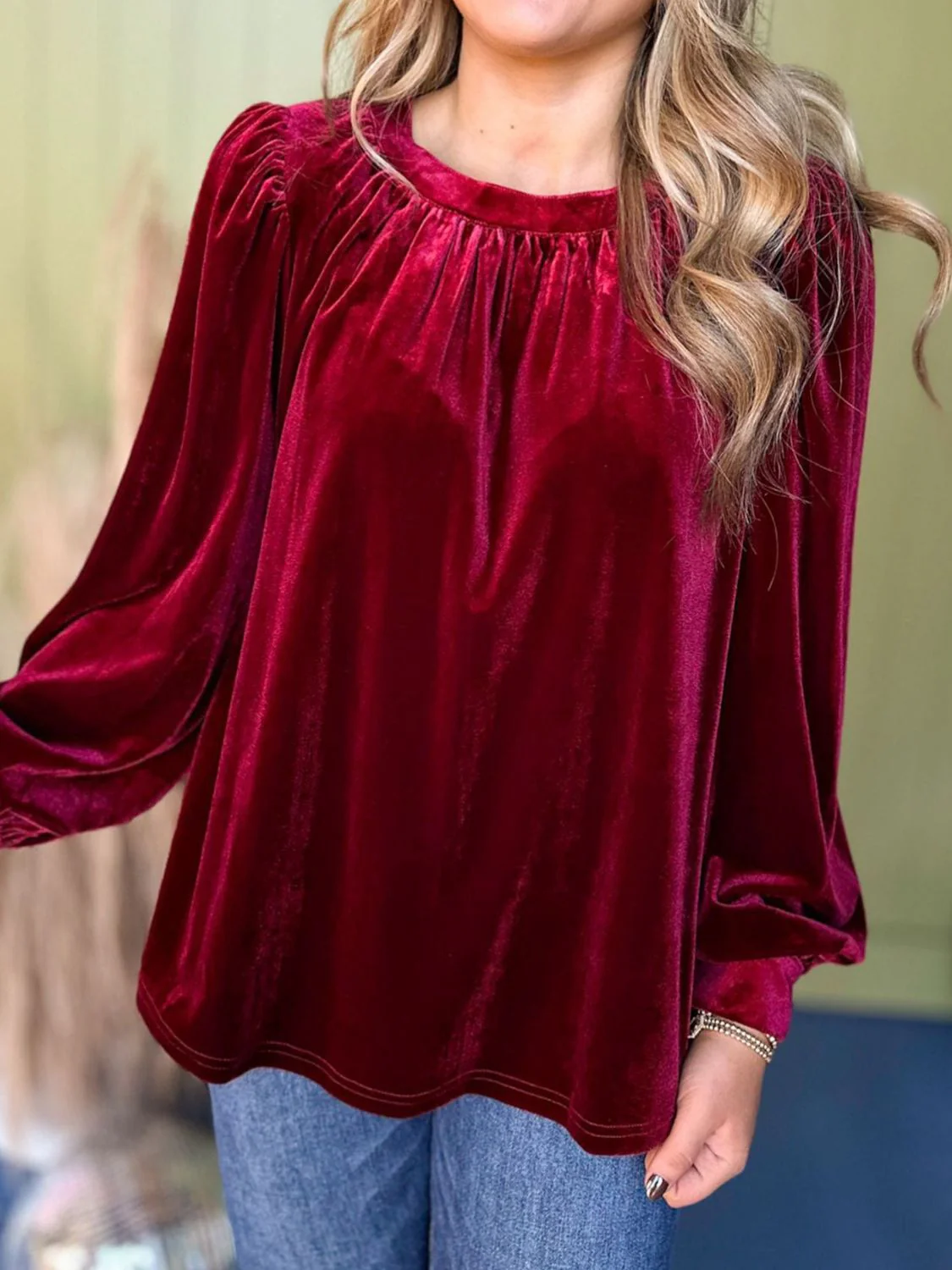 Ruched Round Neck Long Sleeve Blouse - Image 4