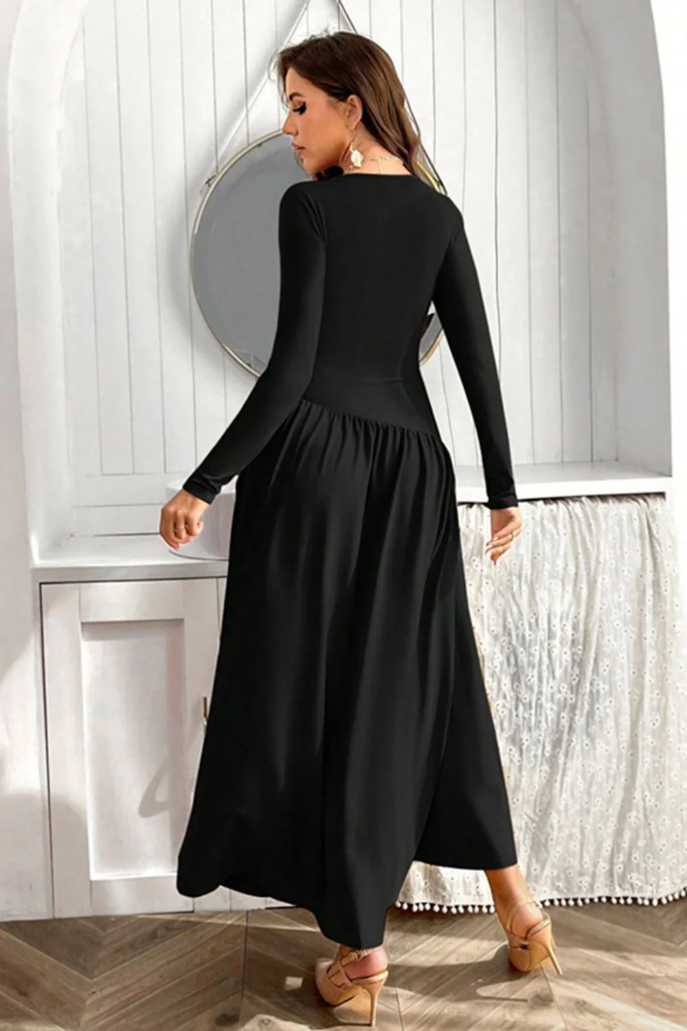 Ruched Round Neck Long Sleeve Dress - Image 5