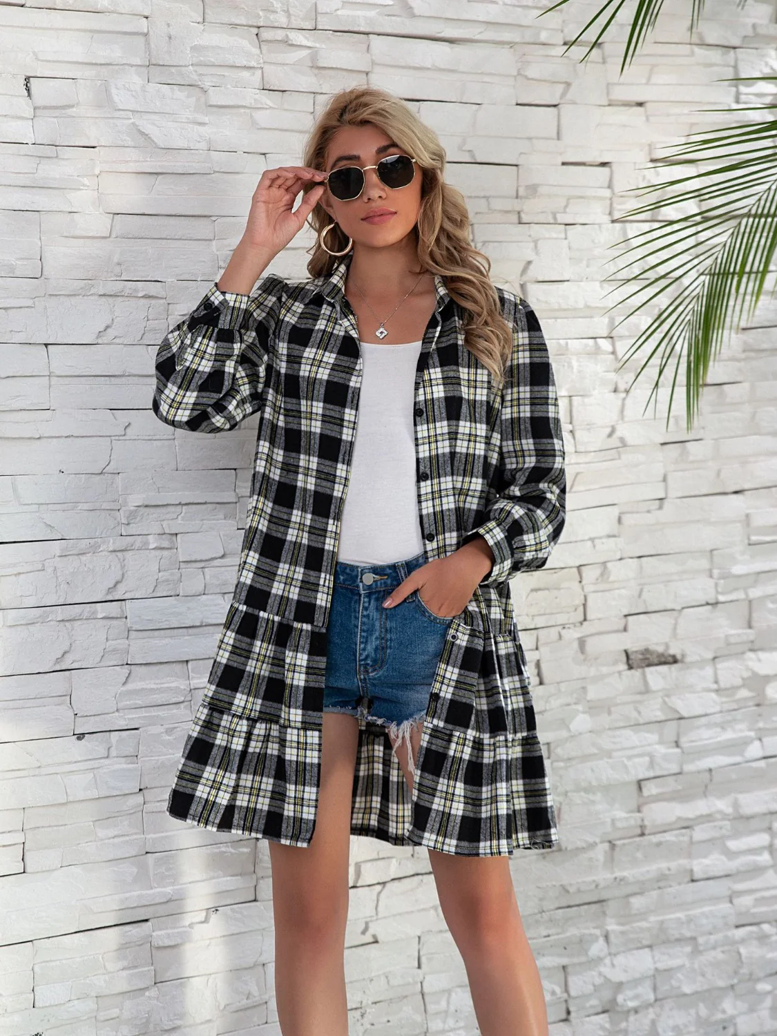 Ruffle Hem Plaid Button Down Long Sleeve Dress - Image 10