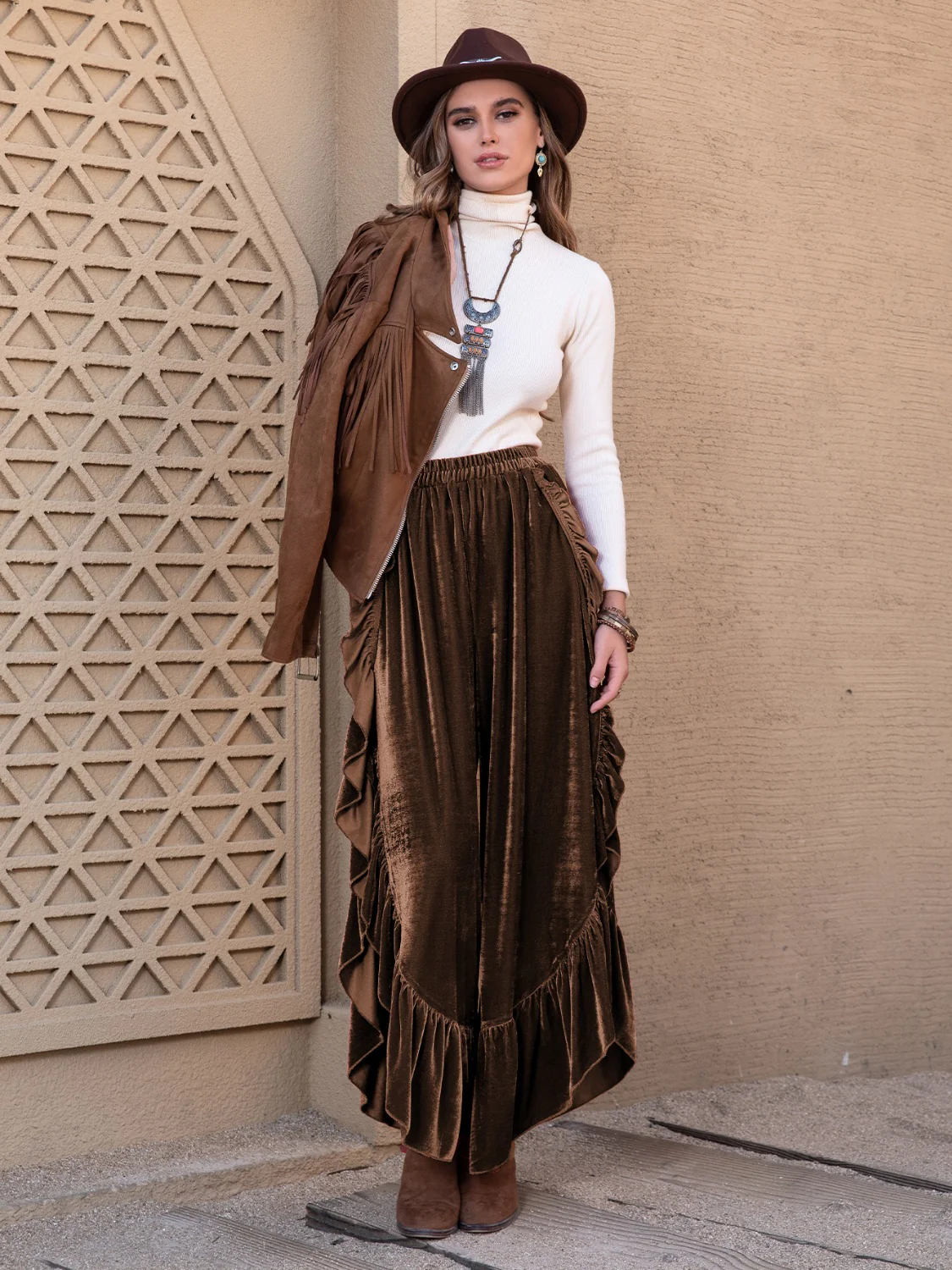 Ruffle Trim Wide Leg Slit Pants - Image 5