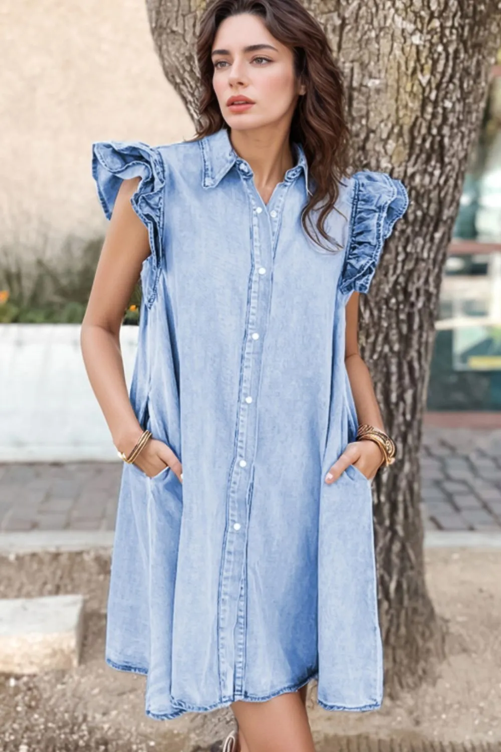 Ruffled Button Front Cap Sleeve Denim Dress - Image 3