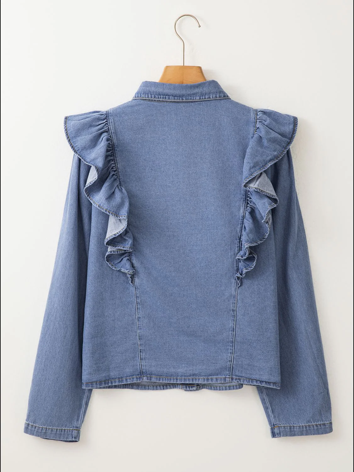 Ruffled Collared Neck Long Sleeve Denim Top - Image 6
