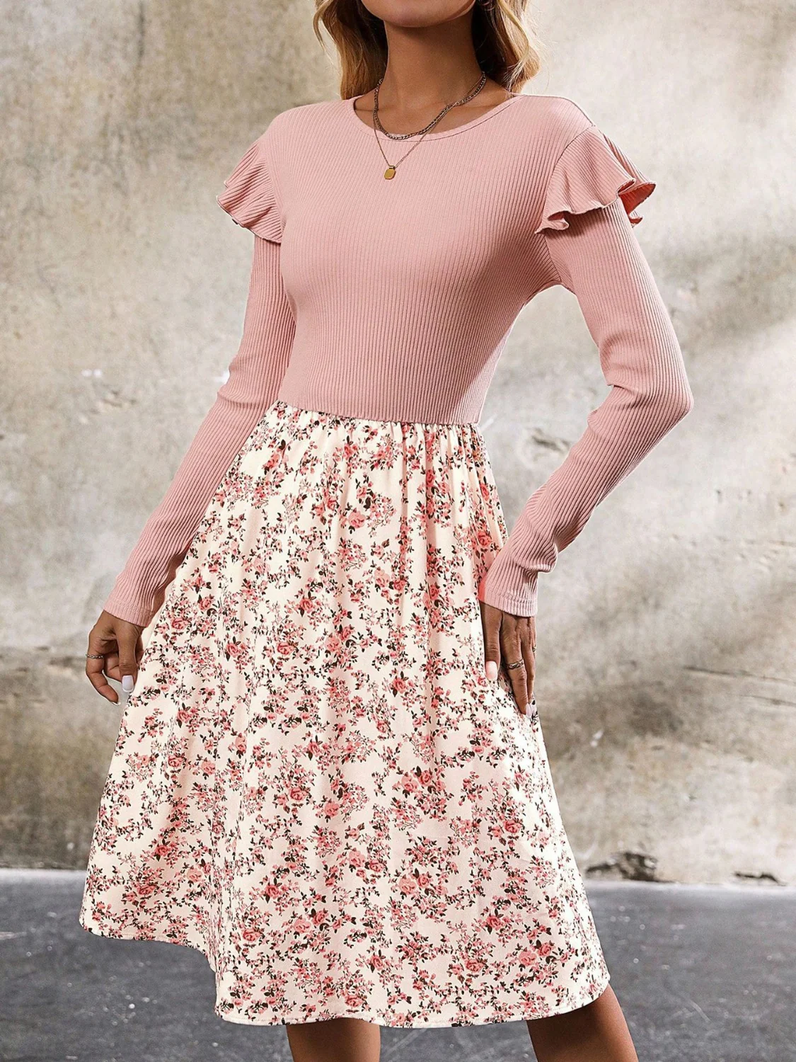 Ruffled Floral Long Sleeve Knee Length Dress - Image 3