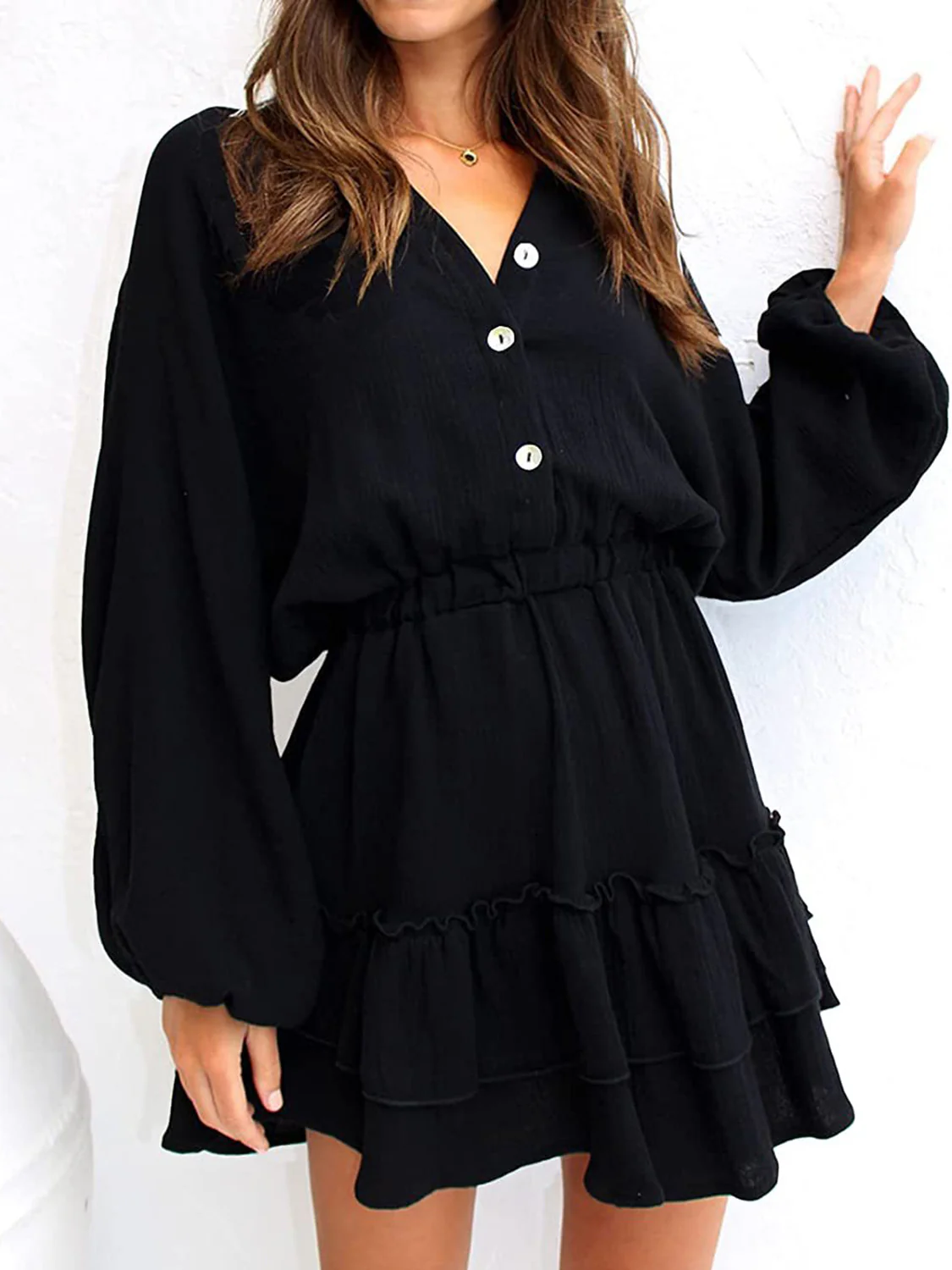 Ruffled Notched Balloon Sleeve Mini Dress - Image 12
