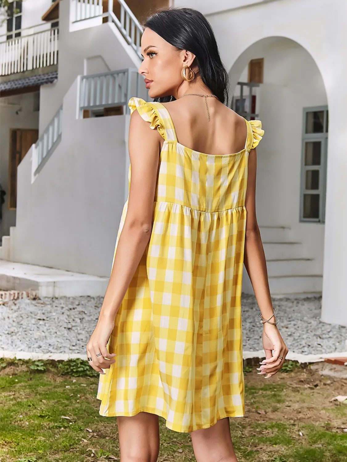 Ruffled Plaid Square Neck Mini Dress - Image 2