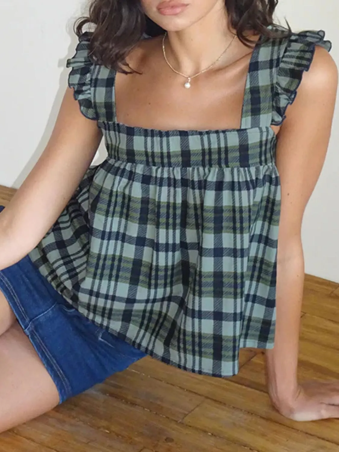 Ruffled Plaid Square Neck Tank - Image 3
