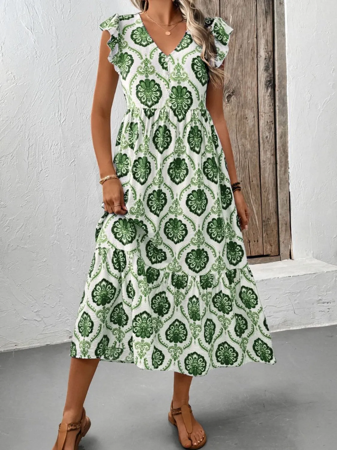 Ruffled Printed V-Neck Cap Sleeve Dress - Image 6