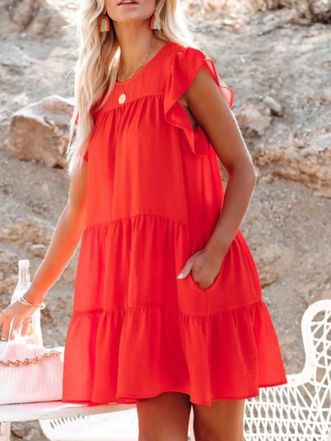 Ruffled Round Neck Cap Sleeve Mini Dress - Image 15
