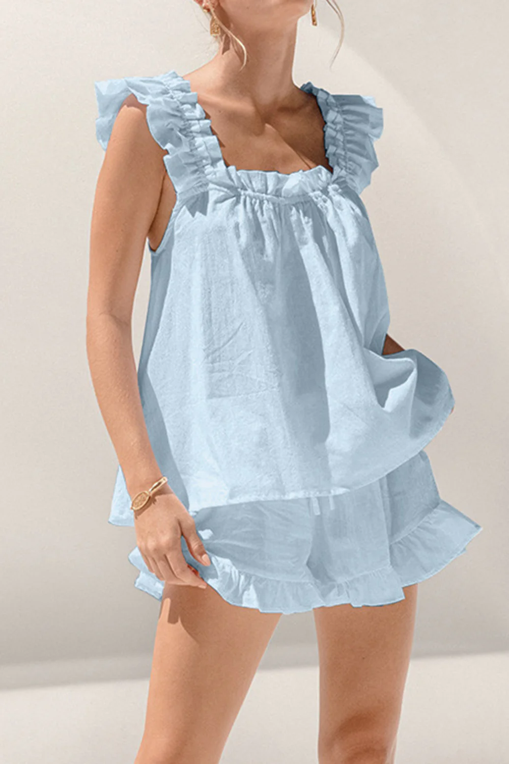 Ruffled Square Neck Top and Shorts Set - Image 5