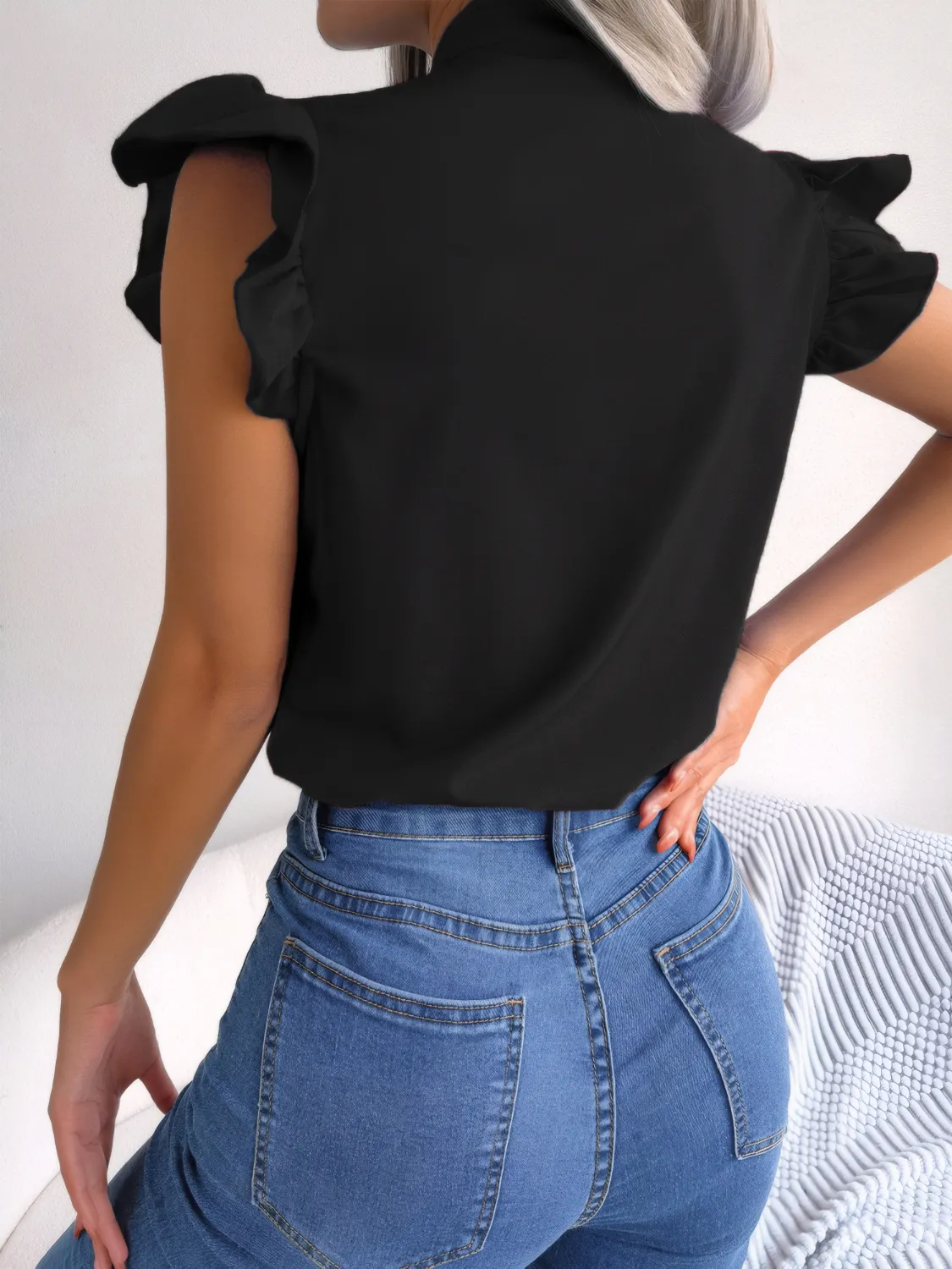 Ruffled Tie Neck Cap Sleeve Blouse - Image 8