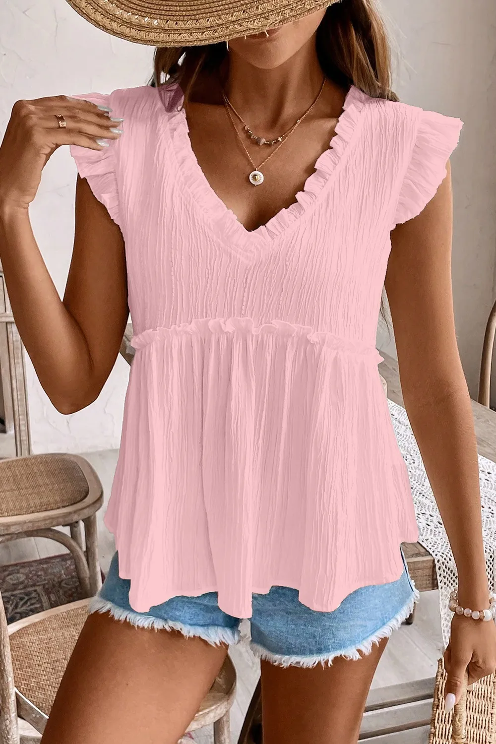 Ruffled Trim V Neck Flutter Flowy Top - Image 10