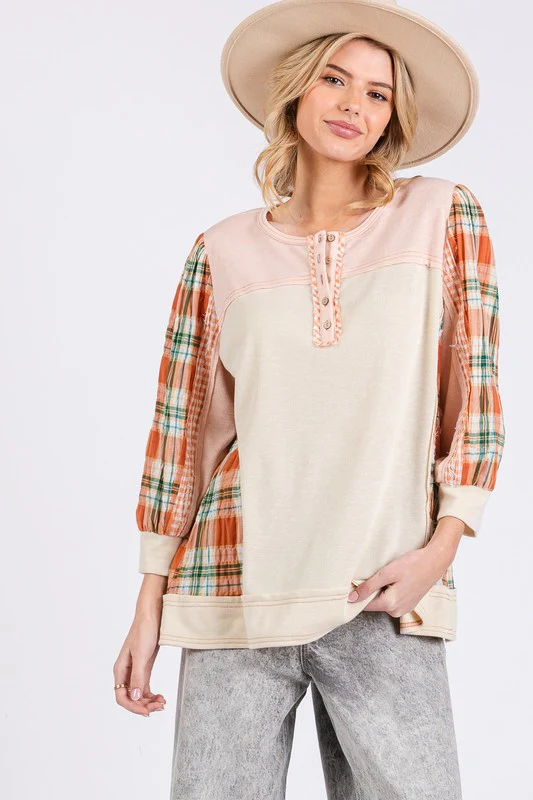 SAGE + FIG Exposed Seam Button Detail Plaid Top - Image 5