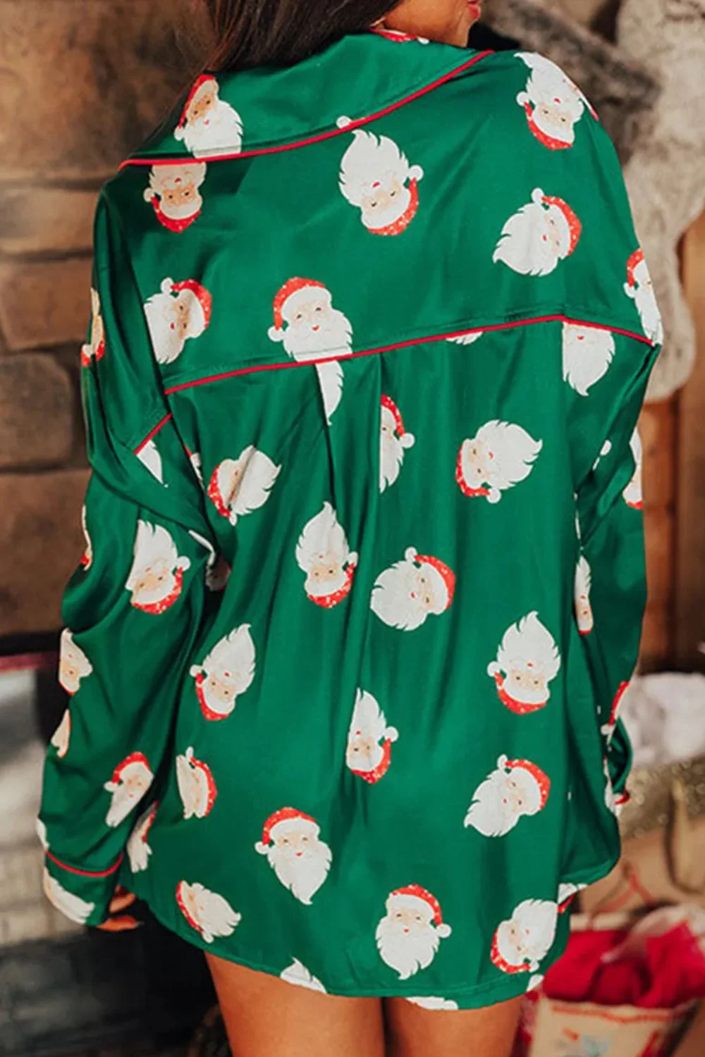 Santa Collared Neck Long Sleeve Top and Shorts Lounge Set - Image 2