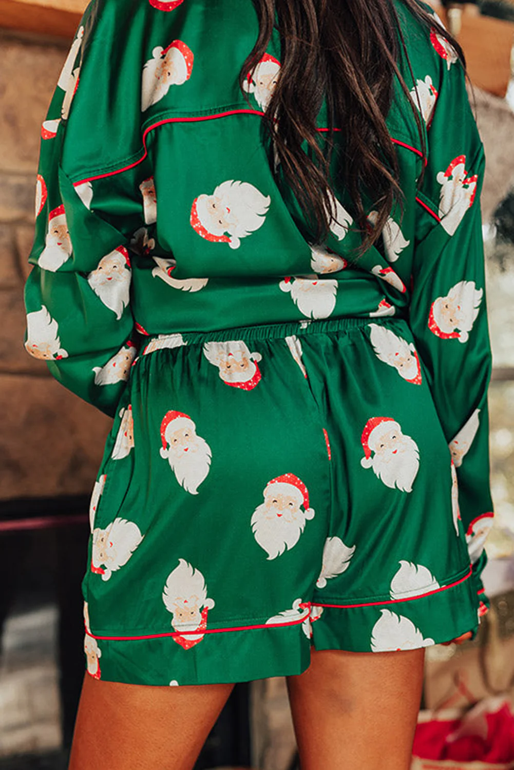 Santa Collared Neck Long Sleeve Top and Shorts Lounge Set - Image 3